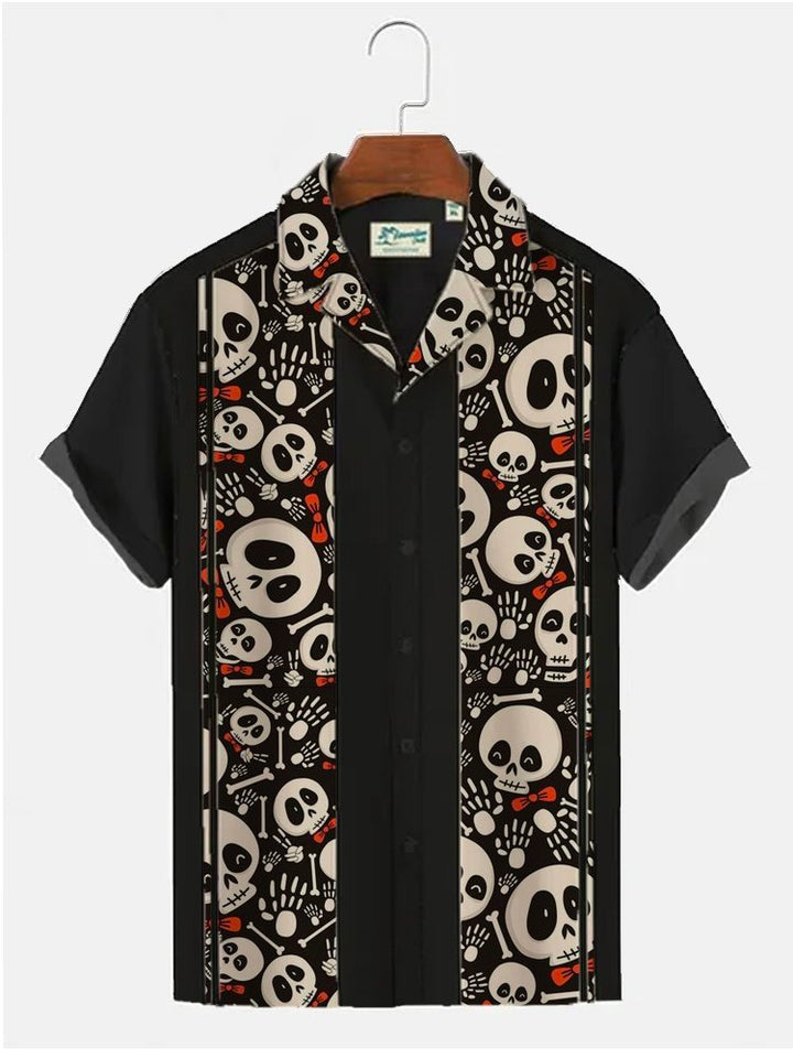 Cuban Collar Halloween Skull Print Hawaiian Shirt Top