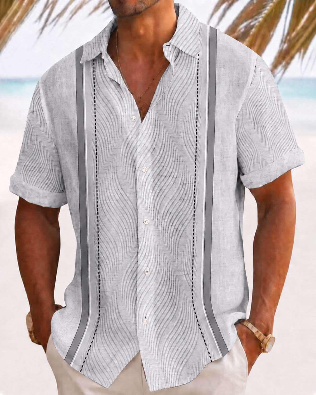 Alohadaddy® Men's Vintage Geometric Textured 3D Bowling Print Button Pocket Short Sleeve Shirt