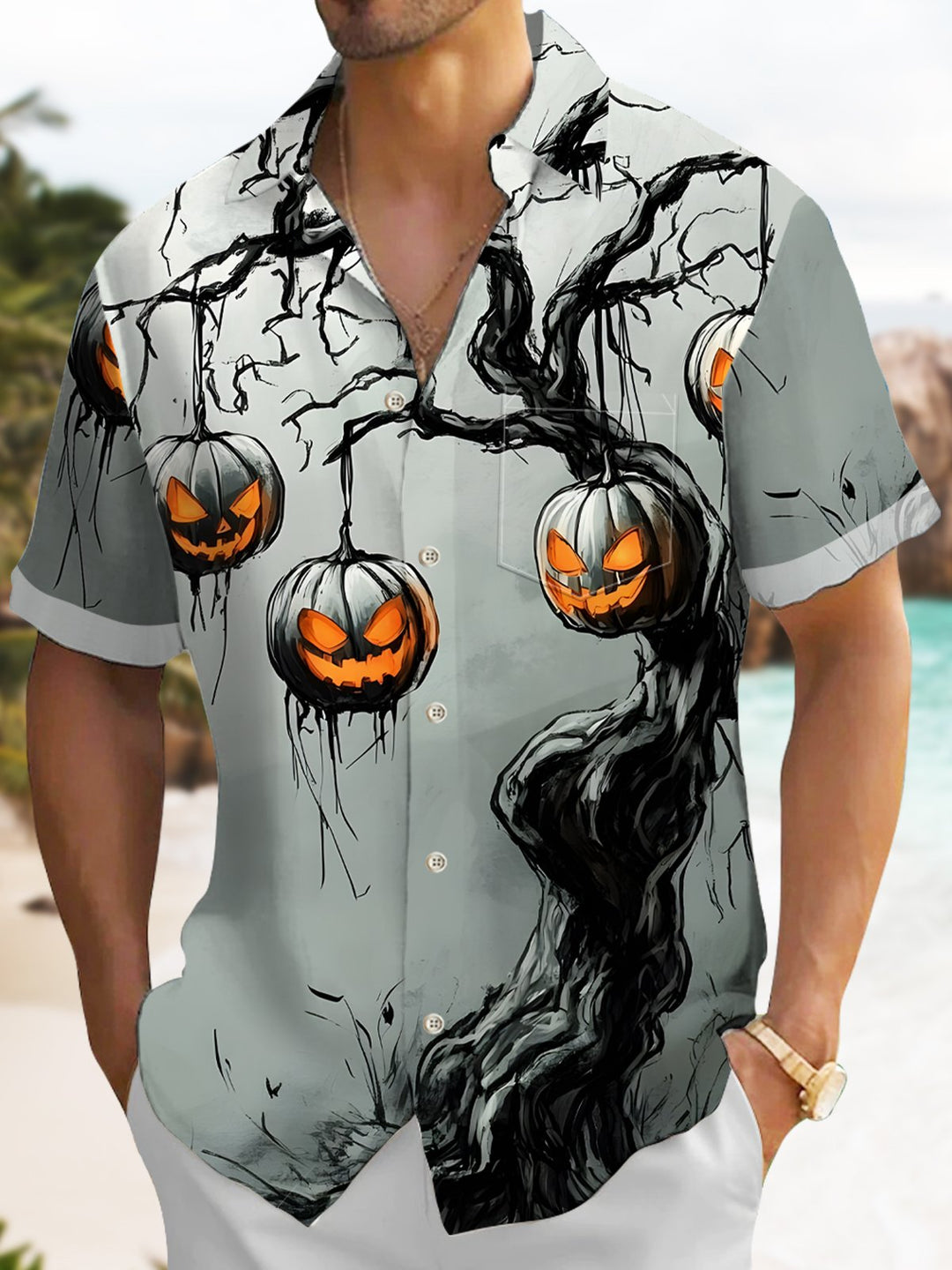 Alohadaddy® Halloween Holiday Pumpkin Tree Vintage Pocket Shirt