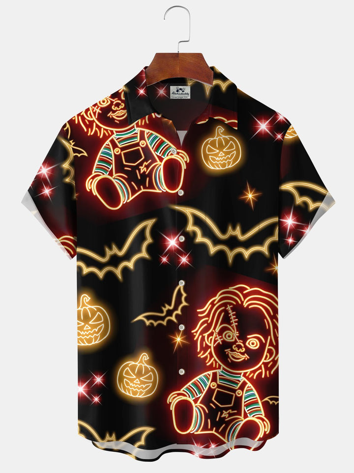 Alohadaddy® Halloween Retro Movie Doll Neon Holiday Stretch Pocket Shirt
