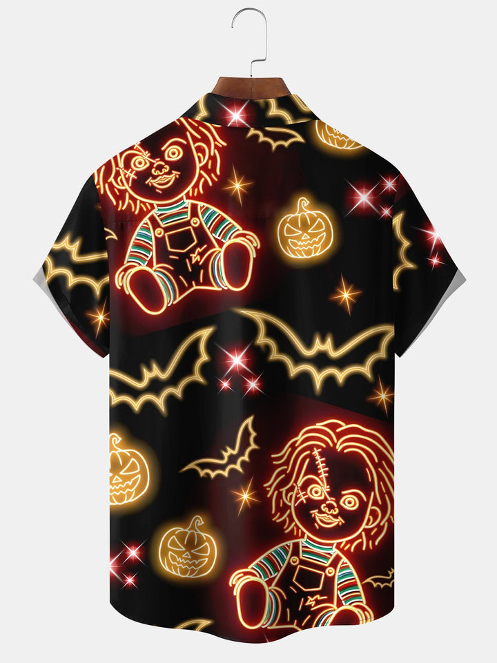 Alohadaddy® Halloween Retro Movie Doll Neon Holiday Stretch Pocket Shirt