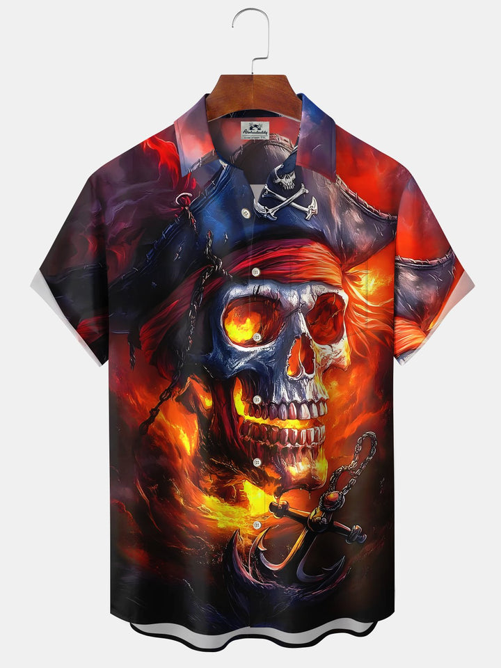 Alohadaddy® Halloween Vintage Skull Pirate Stretch Pocket Shirt