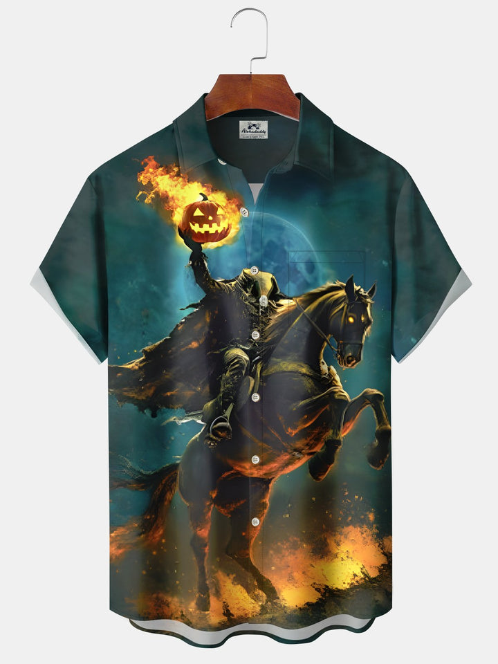 Alohadaddy® Halloween Vintage Headless Horseman Pumpkin Grim Reaper Stretch Pocket Shirt