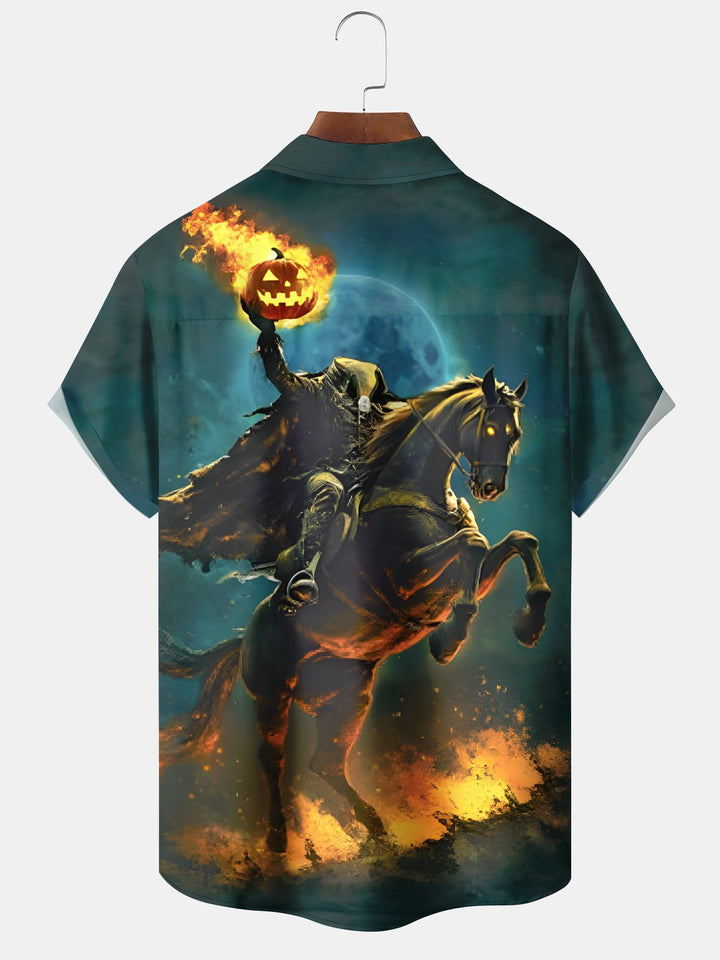 Alohadaddy® Halloween Vintage Headless Horseman Pumpkin Grim Reaper Stretch Pocket Shirt