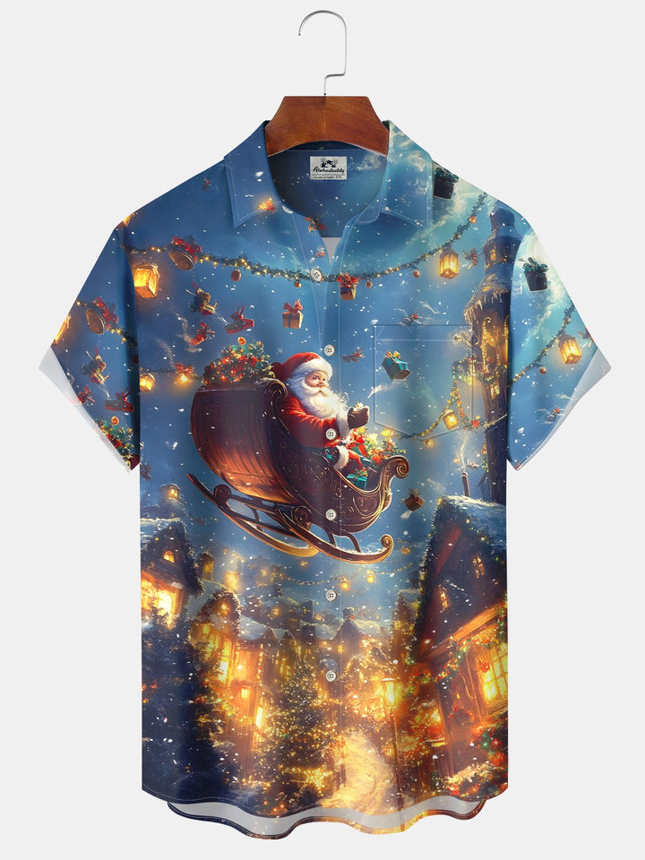 Alohadaddy® Holiday Christmas Santa Sleigh Casual Pocket Shirt