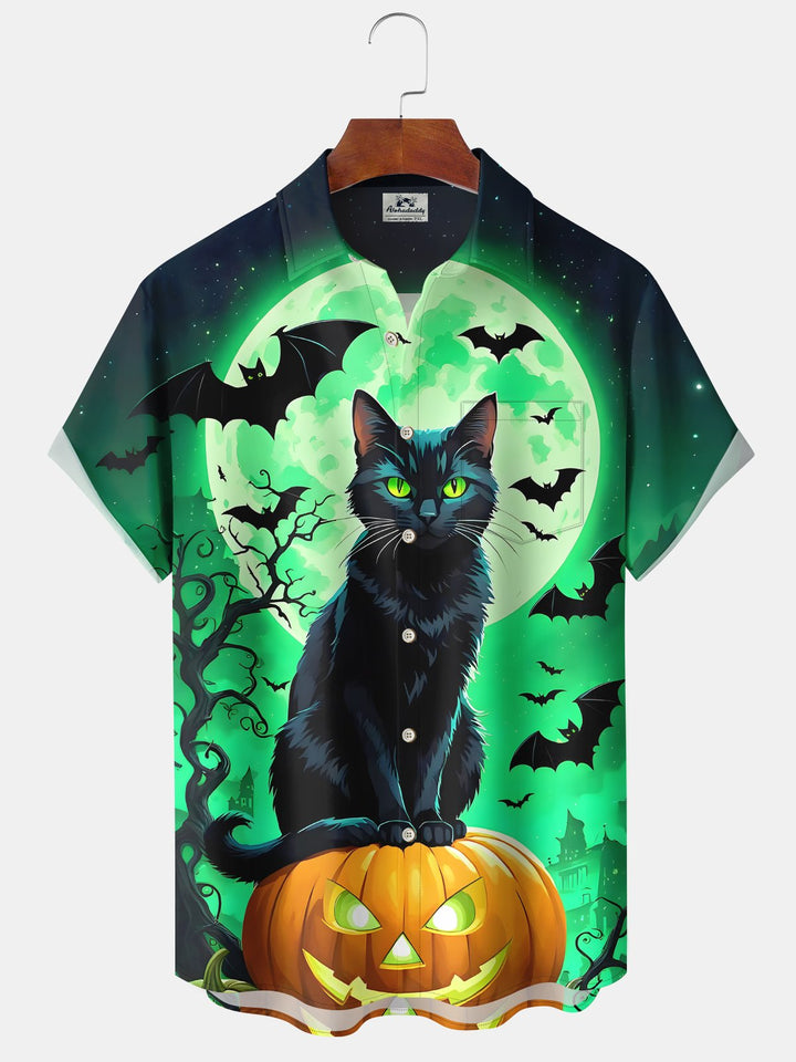 Alohadaddy® Halloween Cat Pumpkin Bat Stretch Pocket Shirt