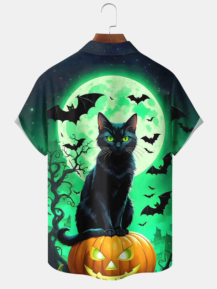 Alohadaddy® Halloween Cat Pumpkin Bat Stretch Pocket Shirt