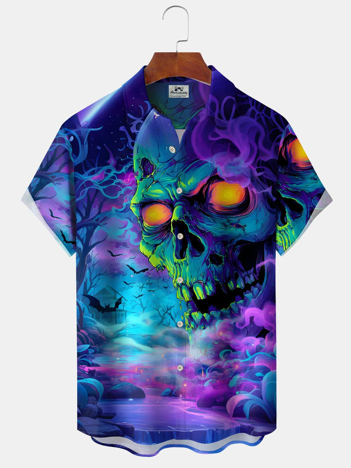 Alohadaddy® Halloween Abstract Skull Gradient Bat Stretch Pocket Shirt
