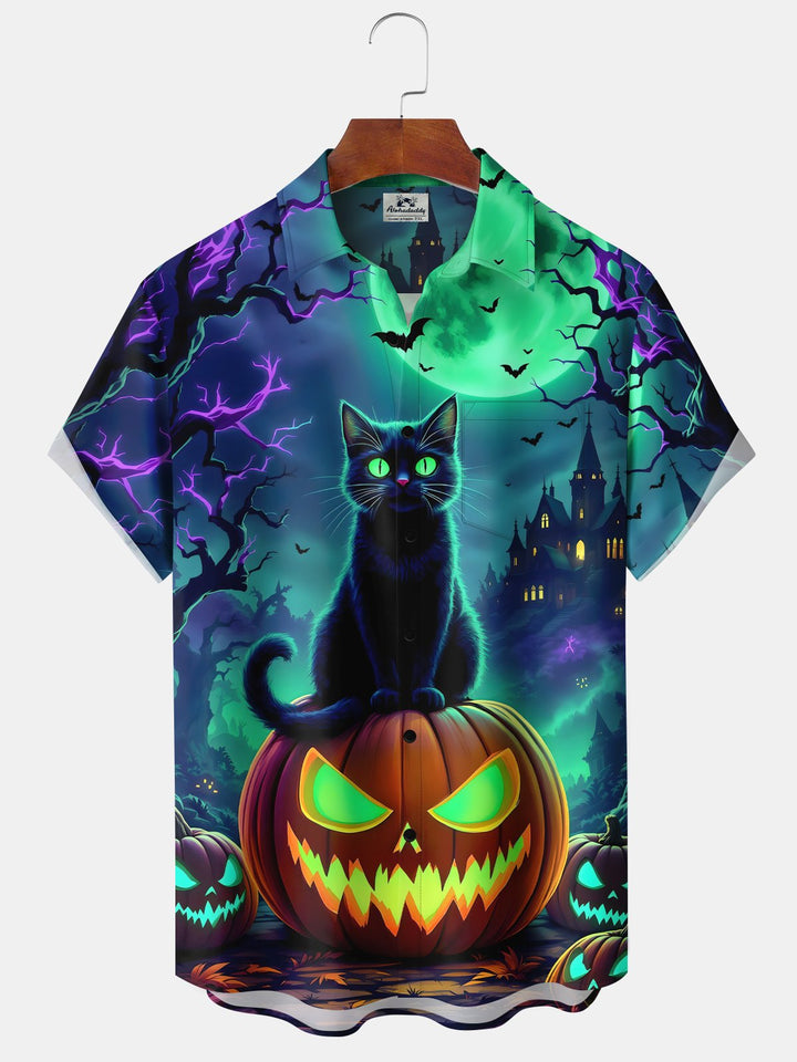 Alohadaddy® Halloween Cat Pumpkin Castle Holiday Casual Pocket Shirt