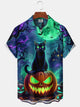 Alohadaddy® Halloween Cat Pumpkin Castle Holiday Casual Pocket Shirt