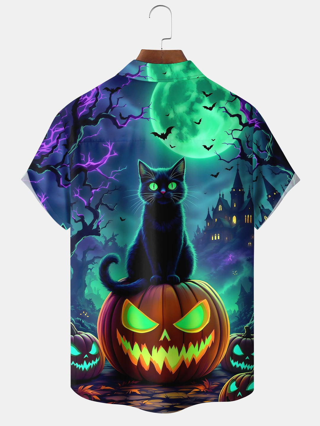 Alohadaddy® Halloween Cat Pumpkin Castle Holiday Casual Pocket Shirt