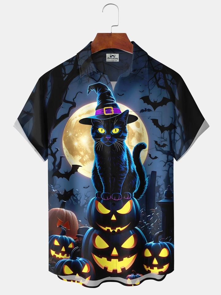 Alohadaddy® Halloween Cat Pumpkin Wizard Holiday Casual Pocket Shirt