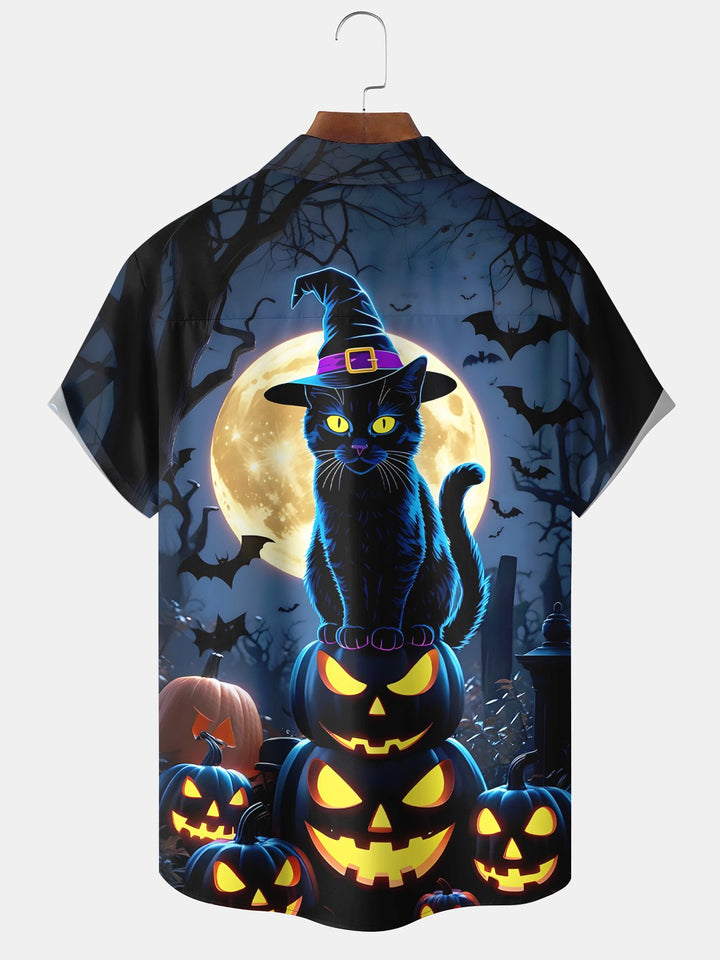 Alohadaddy® Halloween Cat Pumpkin Wizard Holiday Casual Pocket Shirt