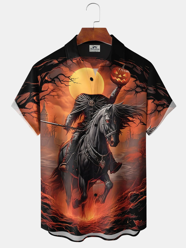 Alohadaddy® Halloween Holiday Headless Horseman Pumpkin Casual Pocket Shirt