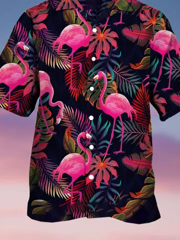 Chemise hawaïenne décontractée à manches courtes pour hommes avec imprimé flamant botanique