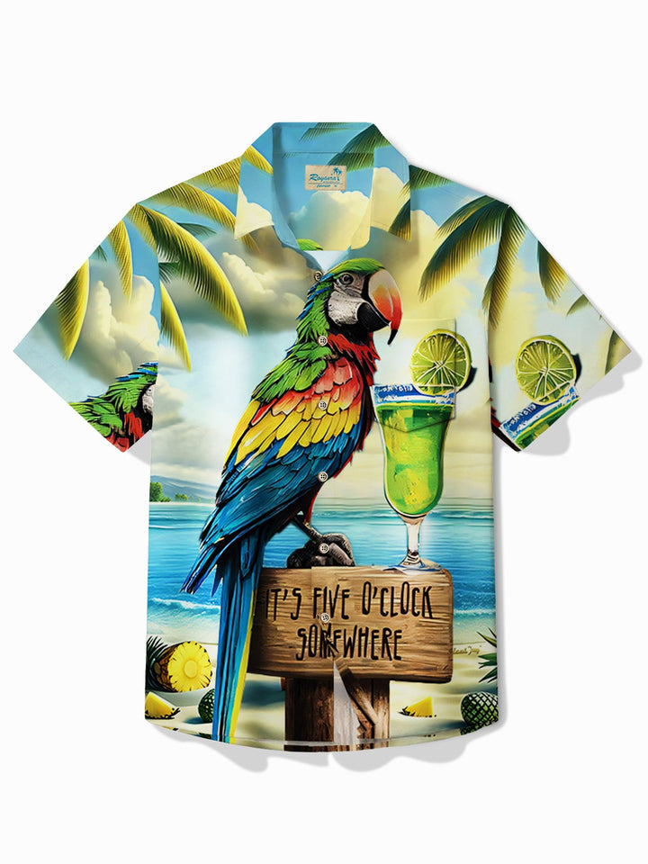 Chemise à manches courtes et poches boutonnées pour homme avec imprimé perroquet hawaïen et cocotier Alohadaddy