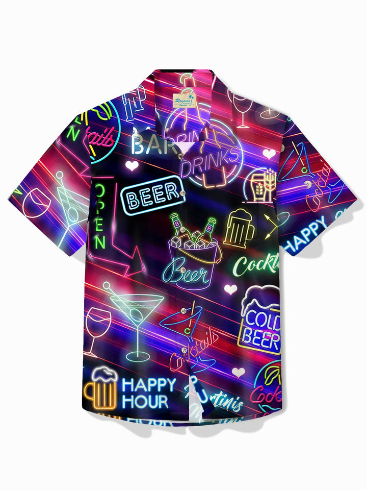 Camisa de manga corta con bolsillo abotonado y estampado neón de cóctel hawaiano Ombre de Alohadaddy para hombre