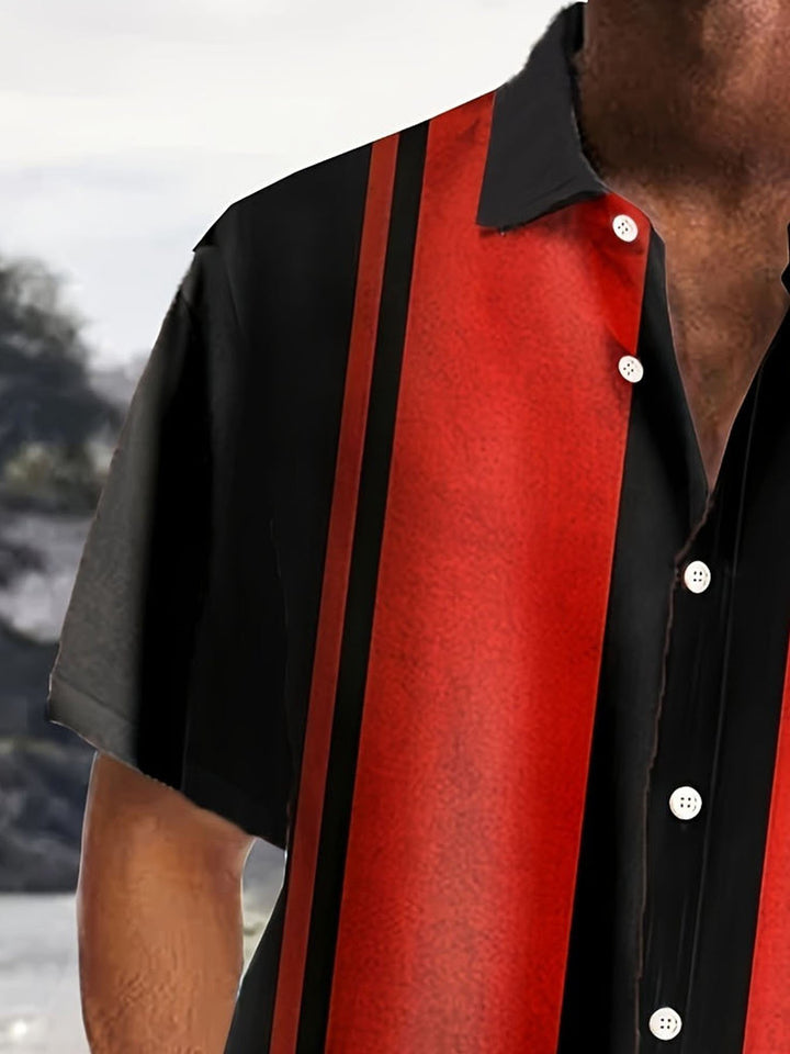 Camisa de manga corta con bolsillo abotonado y estampado de rayas en contraste estilo bolos retro para hombre de Alohadaddy