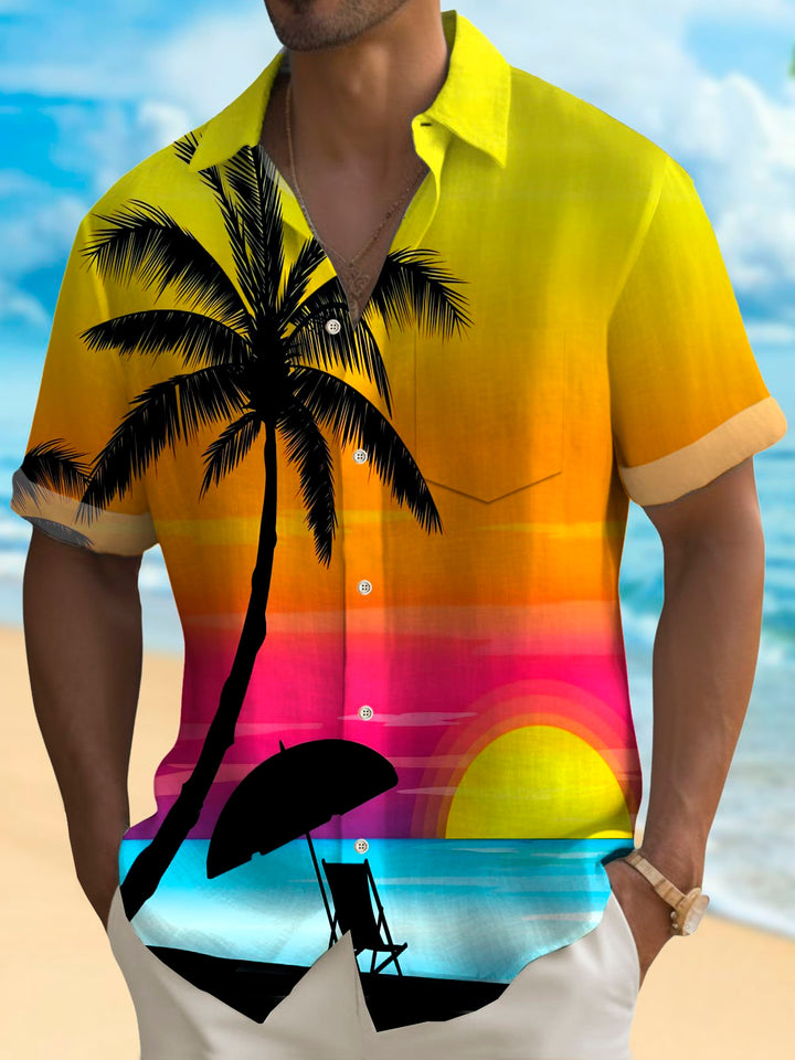 Camisa de manga corta con bolsillos abotonados para hombre con estampado de árboles de coco hawaianos de Alohadaddy