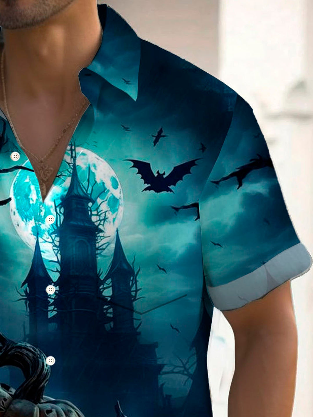 Chemise à manches courtes et poches boutonnées pour homme avec dégradé de chauve-souris et citrouille d&
