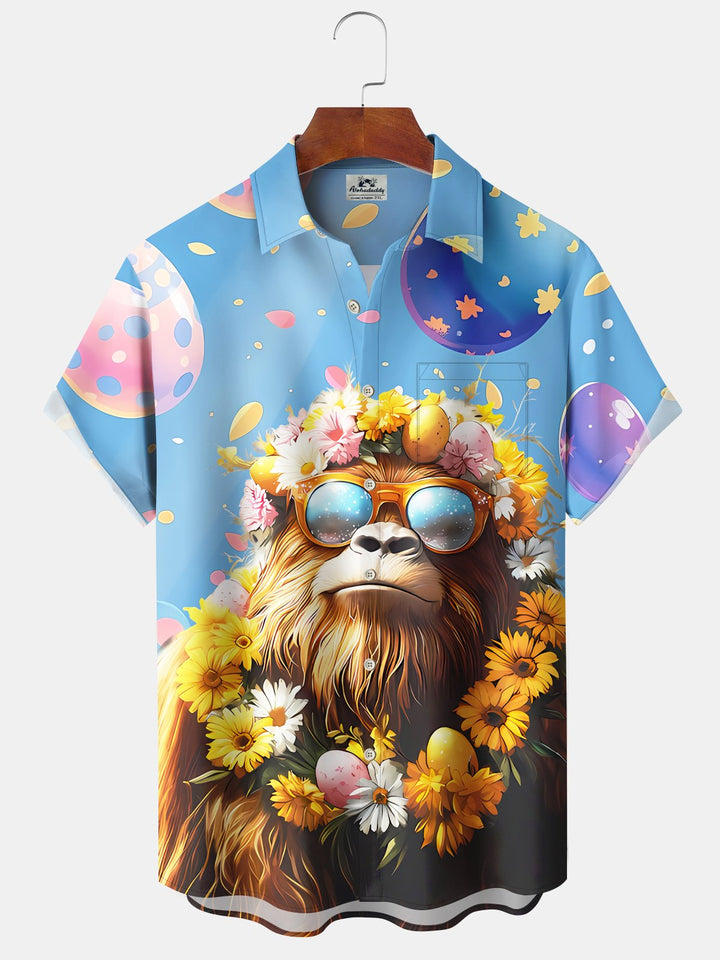 Alohadaddy Hawaii Resort Style Easter Bigfoot Print Art Pocket Button Stretch Large Size Men&