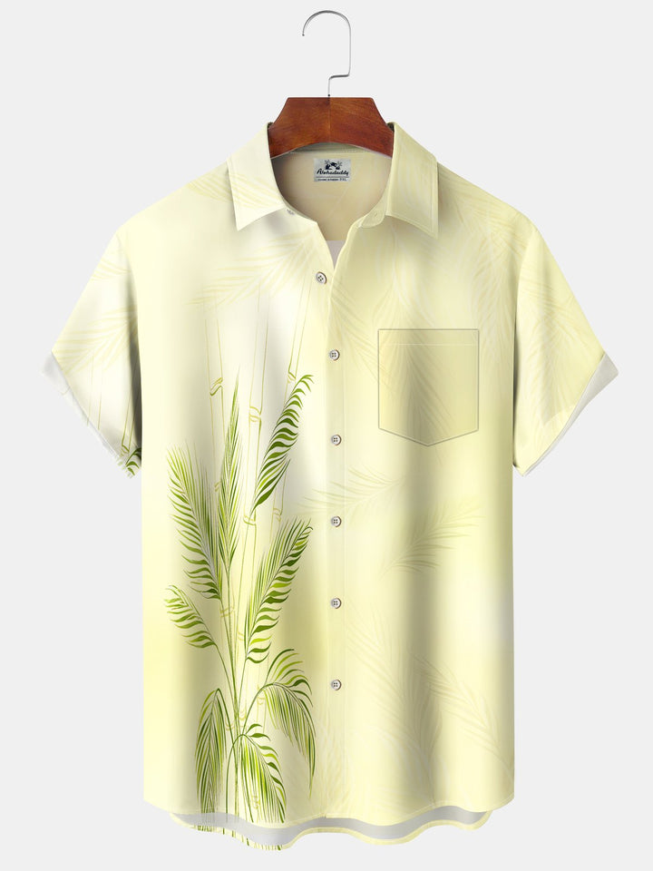 Alohadaddy Casual Hawaiian Plant Bamboo Print Art Pocket Button Elastic Oversized Shirt