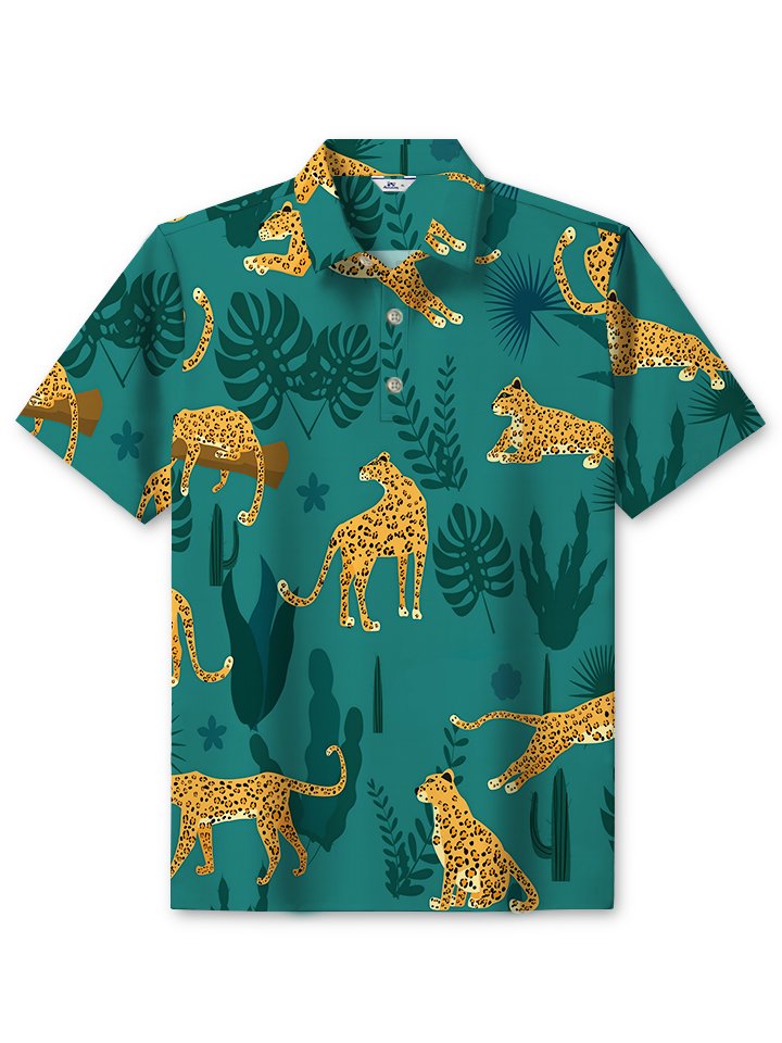 Alohadaddy Hawaiian Animal Cheetah Print Art Button Elastic Large Size Short Sleeve Polo Shirt
