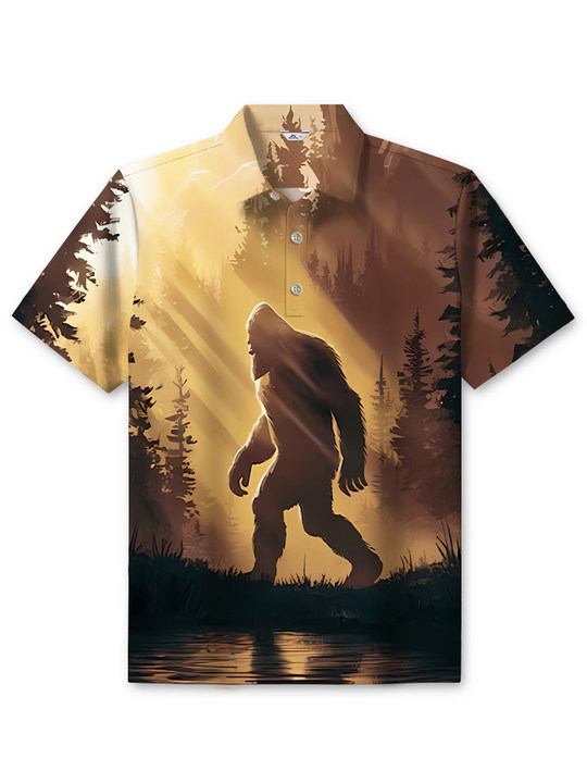 Alohadaddy Casual Everyday Bigfoot Print Art Stretch Large Size Button Short Sleeve POLO Shirt