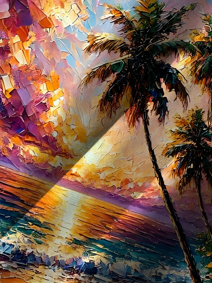 Alohadaddy® Seaside Painting Palm Trees Print Art Chest Pocket Large Size Long Hawaiian Men&