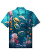 Alohadaddy® Hawaiian Undersea Fish Print Button Lapel Elastic Large Size Short Sleeve Polo Shirt