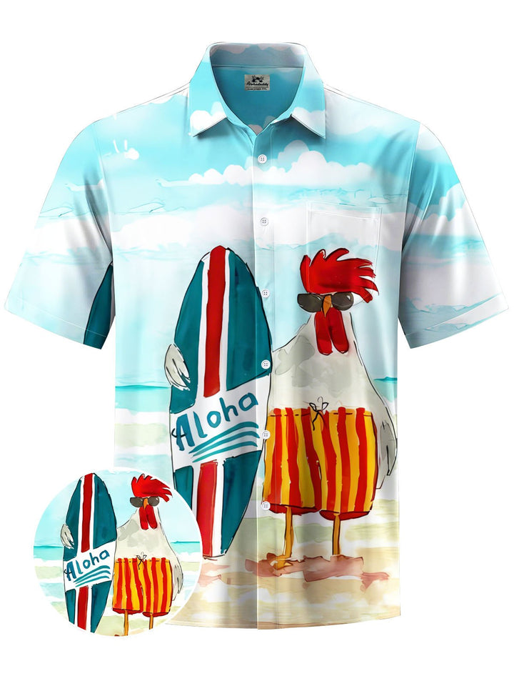 Alohadaddy® Hawaii Rooster Surf Print Chest Pocket Men&