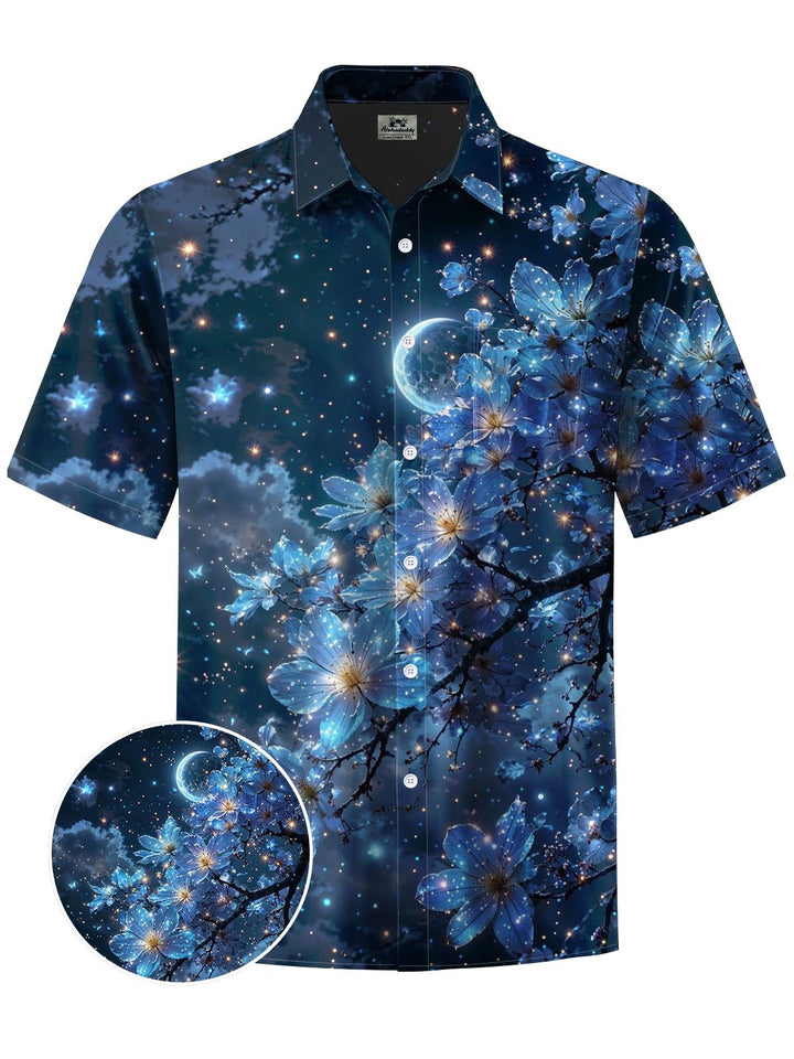 Alohadaddy® Hawaii Night Sky Flowers Print Chest Pocket Mens Short Sleeve Shirt Big &amp; Tall