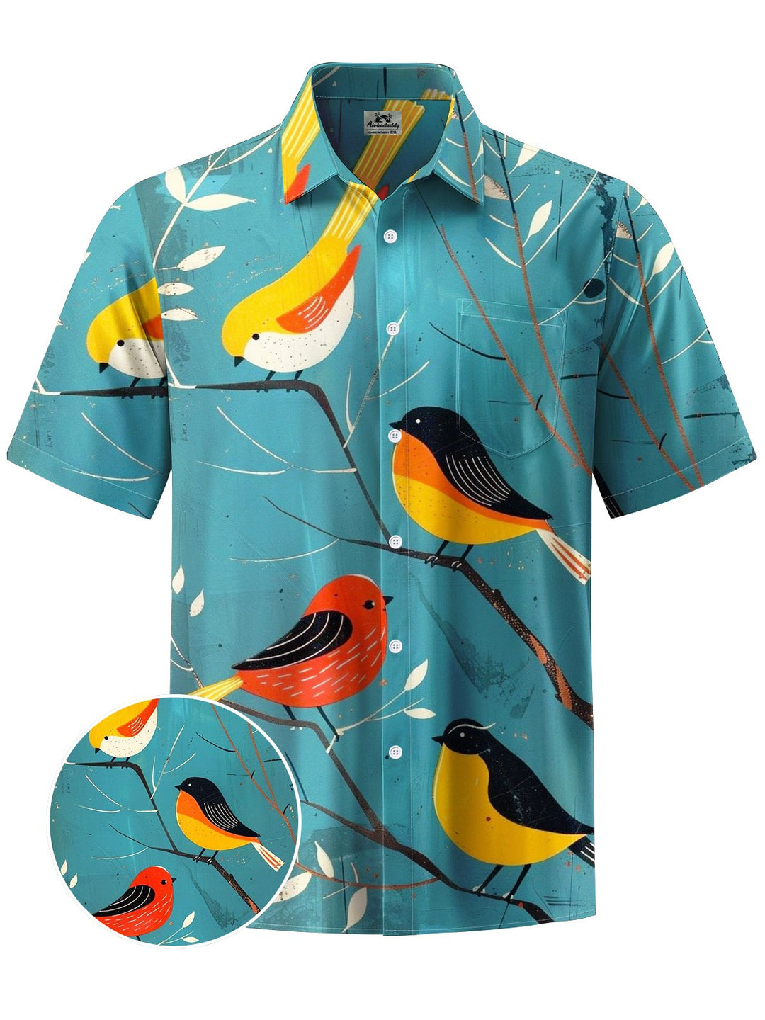 Alohadaddy® Vintage Bird Art Print Chest Pocket Mens Short Sleeve Shirt Big &amp; Tall