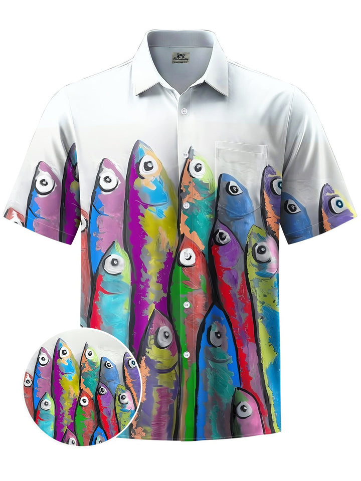 Alohadaddy® Vintage Fish Art Print Chest Pocket Moisture Wicking Men&
