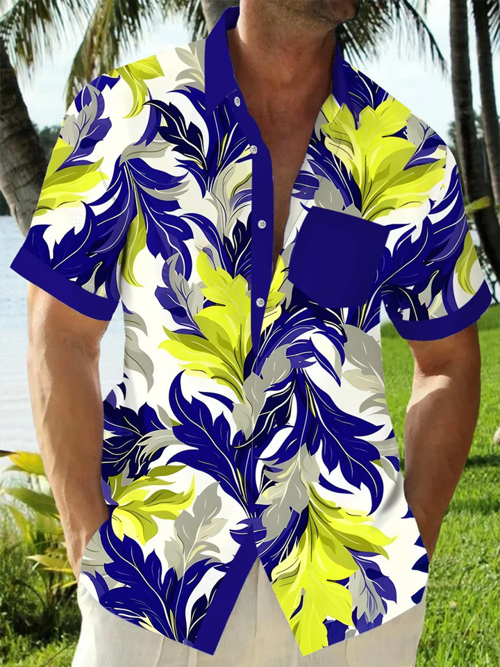 Alohadaddy® Hawaii Contrast Leaves Art Print Chest Pocket Mens Short Sleeve Shirt Big &amp; Tall