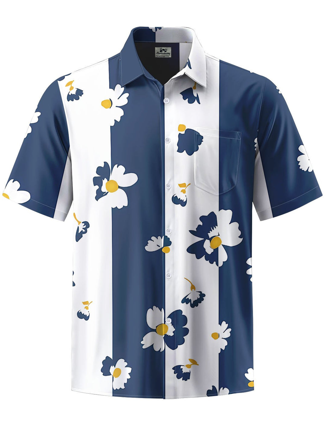 Alohadaddy® Casual Stripes Flowers Art Print Chest Pocket Mens Short Sleeve Shirt Big &amp; Tall