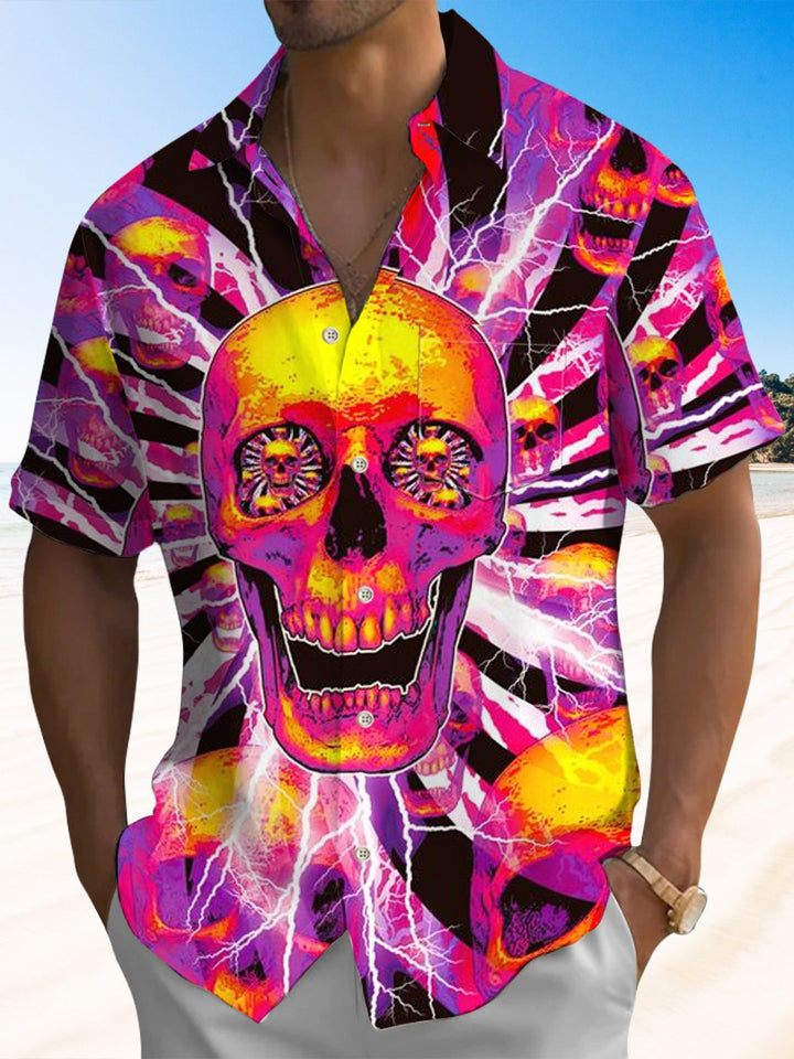 Alohadaddy® Casual Skull Art Print Chest Pocket Moisture-Wicking Men&