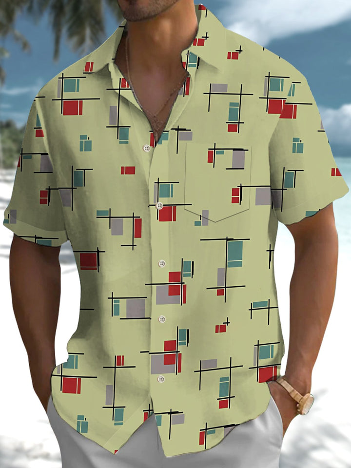 Alohadaddy® Retro Geometric Print Button Pocket Stretch Men&