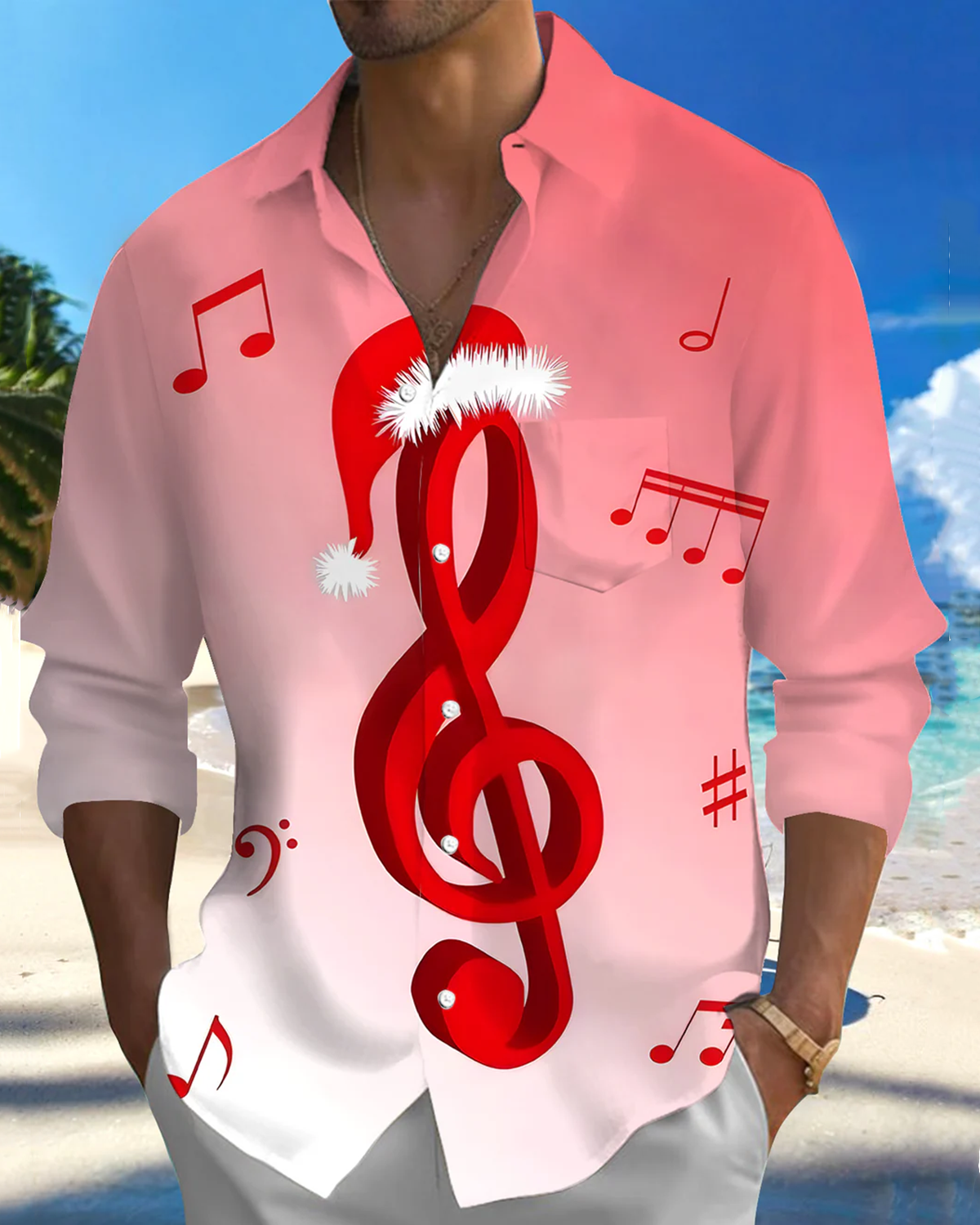 Alohadaddy® Christmas Musical Notes Printed Artwork Pockets Elastic Button Closure Men's Long Sleeve Shirt Big & Tall