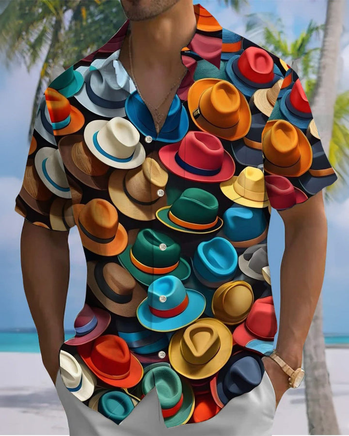 Alohadaddy® Vintage Stacked Hat Print Art Pockets Buttons Elastic Men&