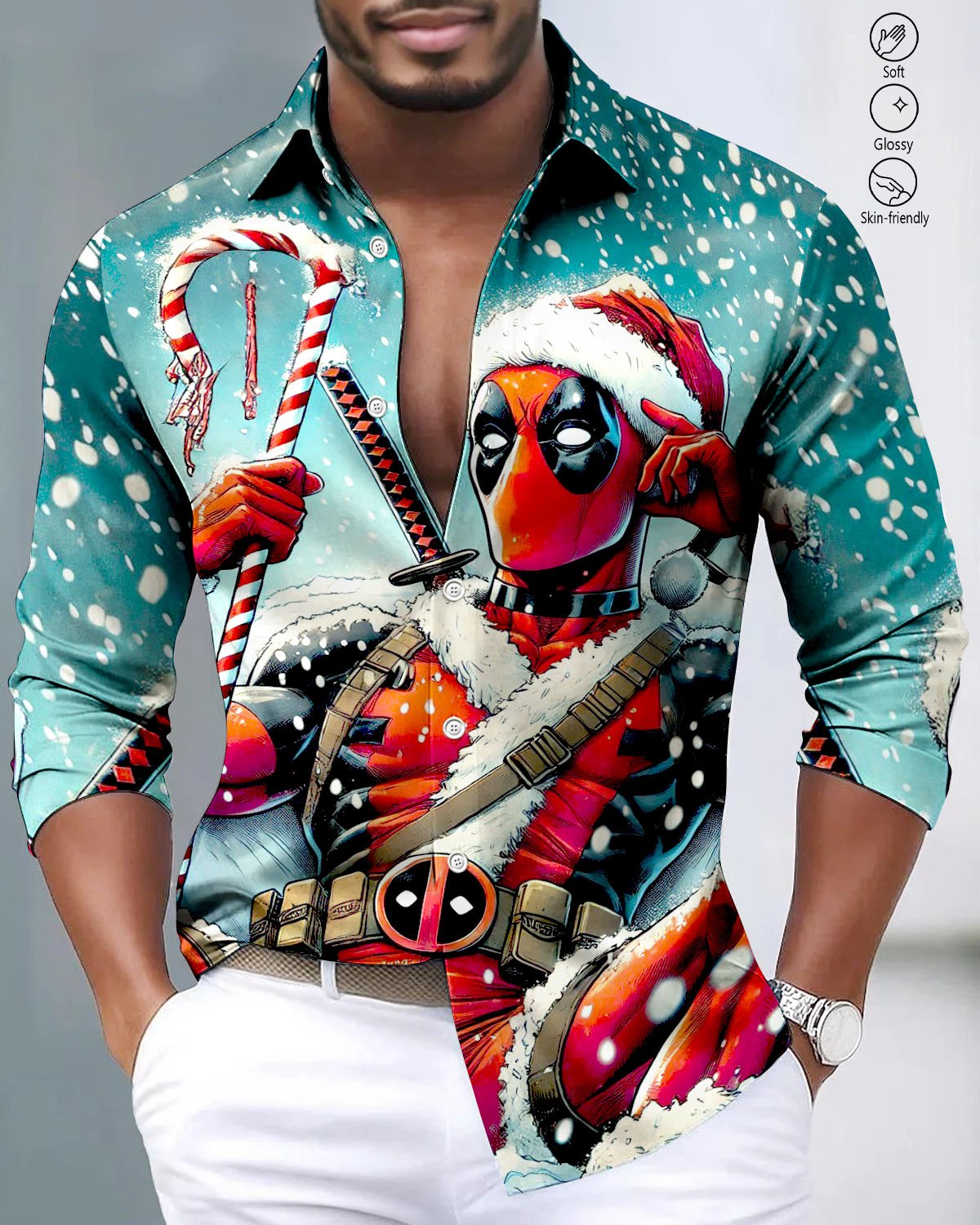Alohadaddy® Satin Finish Christmas Deadpool Print Art Stretch Button Men's Long Sleeve Shirt Big & Tall