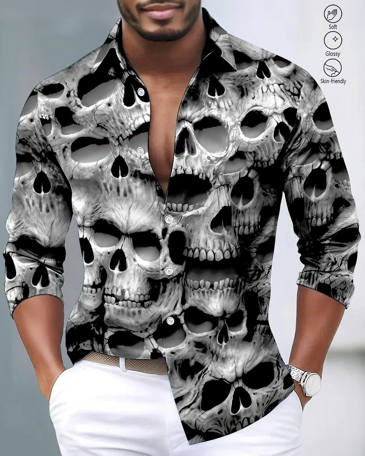 Alohadaddy® Satin Finish Casual Skull Print Artistic Stretch Men's Long Sleeve Shirt Big & Tall