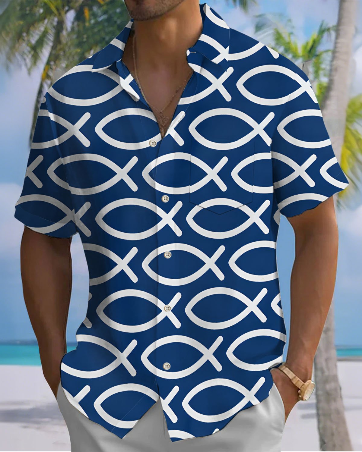 Alohadaddy® Casual Geometric Fish Print Art Stretch Button Pocket Men's Short Sleeve Shirt Big & Tall