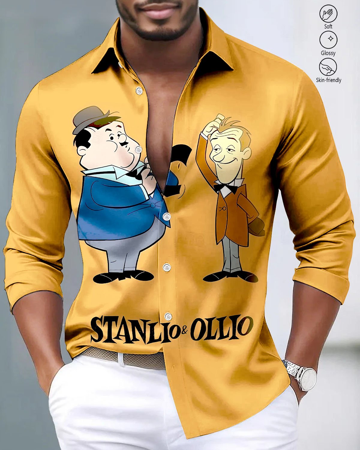 Alohadaddy® Satin Finish Retro Cartoon Atomic Print Button Stretch Men's Long Sleeve Shirt Big & Tall