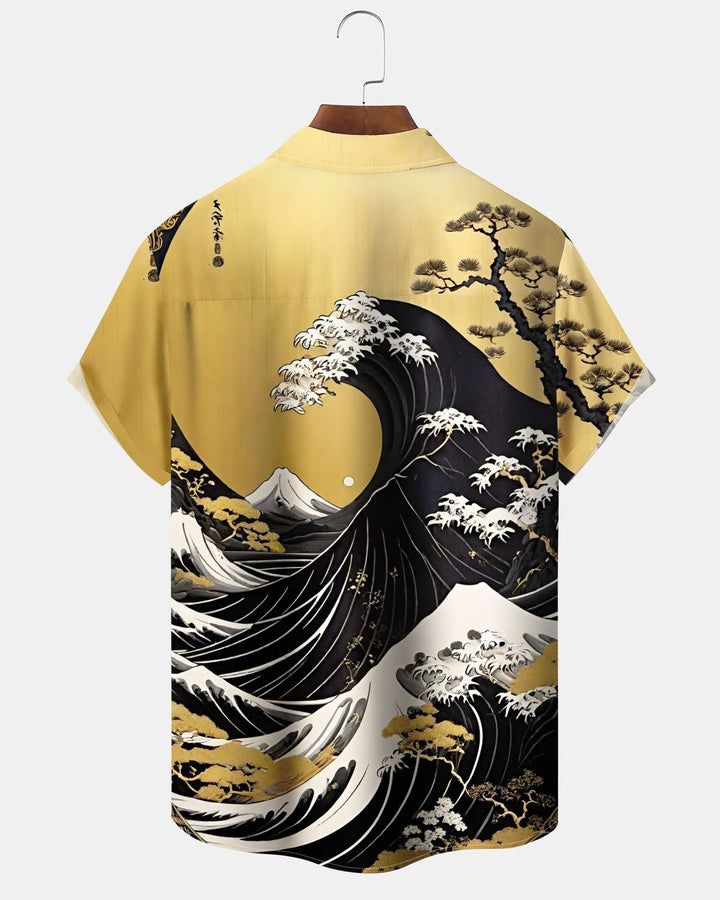 Alohadaddy® Vintage Ukiyo-e Print Art Pocket Button Stretch Men&