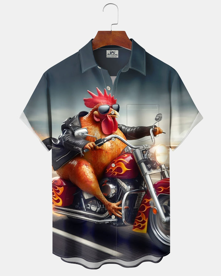 Alohadaddy® Casual Punk Rooster Motorcycle Print Art Pocket Button-Down Men&