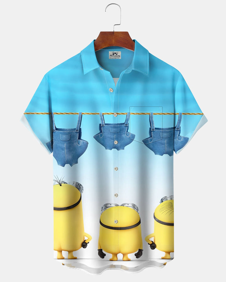 Alohadaddy® Hawaiian Minions Cartoon Print Art Pocket Button-Up Men&