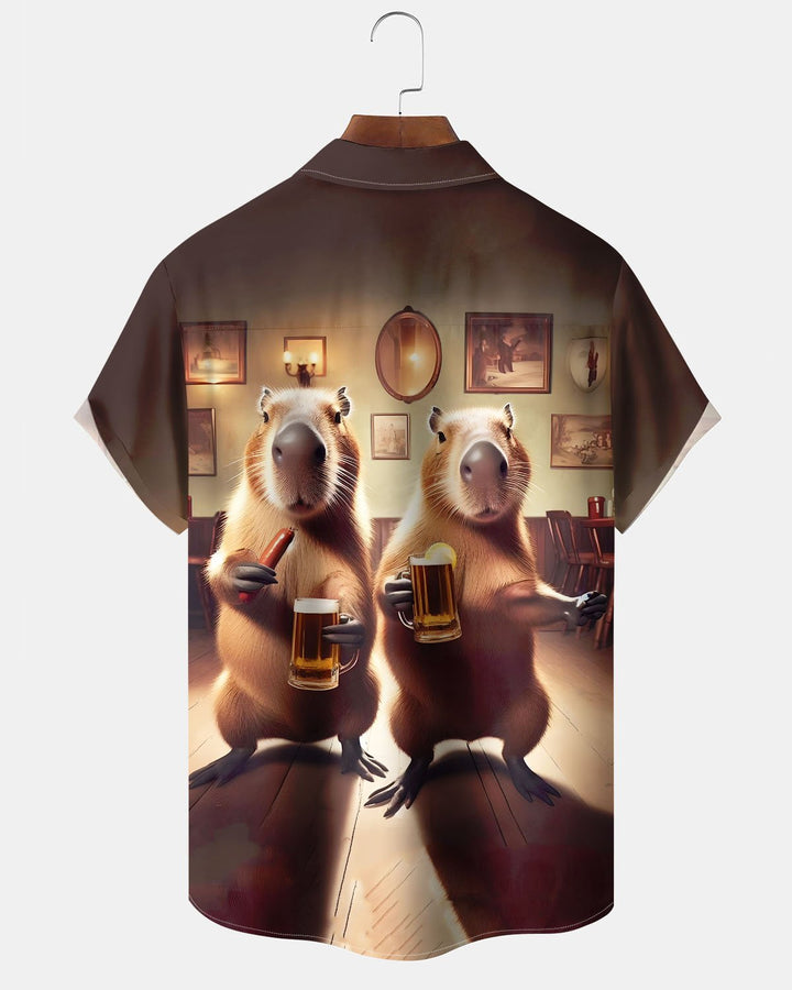 Alohadaddy® Casual and Fun Groundhog Print Art Button-Down Short-Sleeve Shirt with Pockets for Men Big &amp; Tall