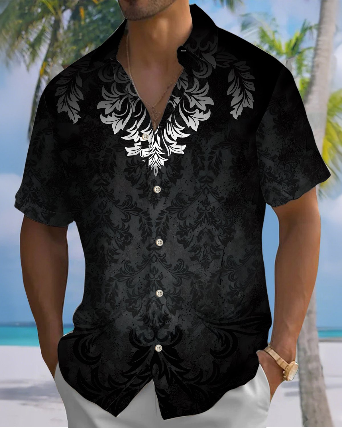 Alohadaddy® Vintage Baroque Print Art Button Pocket Cardigan Men's Short Sleeve Shirt Big & Tall