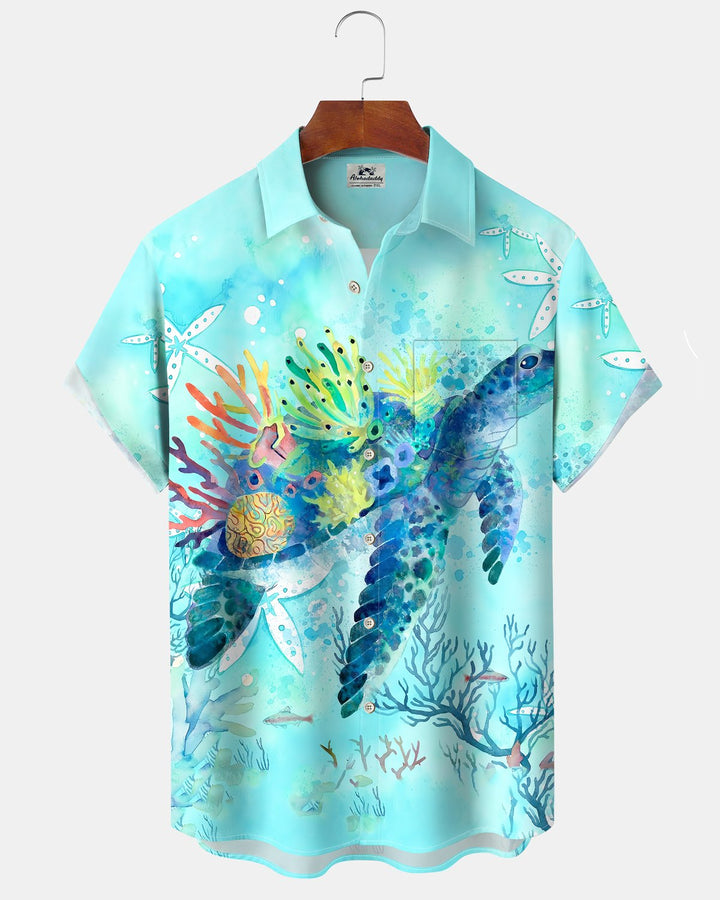 Alohadaddy® Hawaiian Turtle Print Art Button Pocket Cardigan Men&
